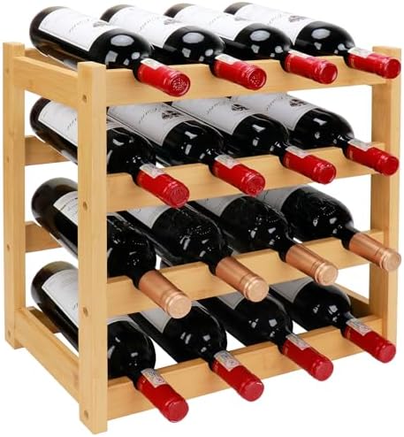 Bamboo Wine Rack, 4-Tier 16 Bottles Wine Storage Cabinet Shelf