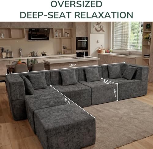 MONVANE Modular Sectional Cloud Couch for Living Room - 130'' 6 Seater Convertible Chenille Couches Set with Ottoman, No Assembly Compression Sofas, Comfy Floor Sofa with Memory Foam, Grey