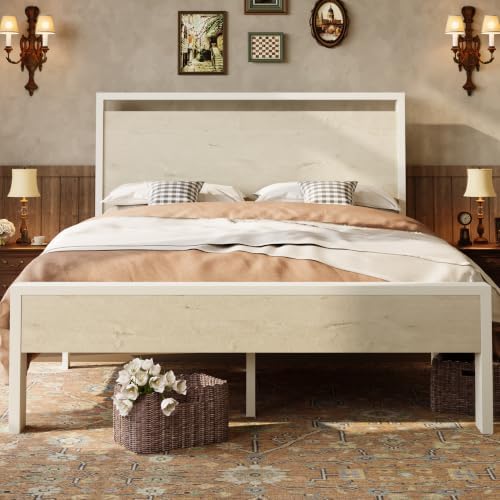 SHA CERLIN 14 Inch Queen Metal Platform Bed Frame with Wooden Headboard and Footboard, No Box Spring Needed, Large Under Bed Storage, Heavy Duty Slats Support, White Washed Oak