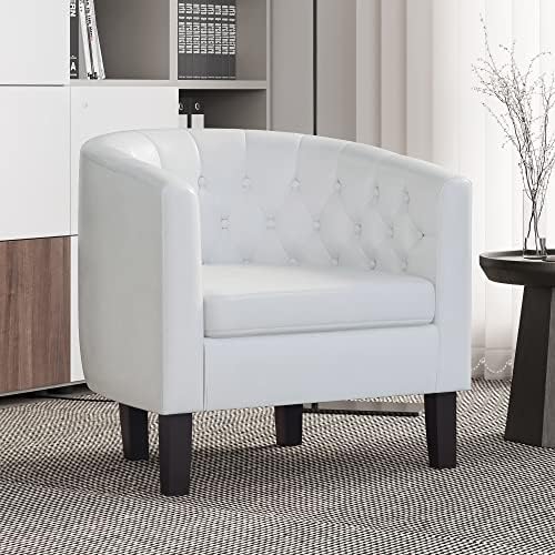 BELLEZE White Accent Chairs for Living Room, Set of 2 Elegant Arm Chairs, Upholstered Tufted Barrel Chairs Club Chairs for Bedroom with Sturdy Legs and Faux Leather - Berlinda (White)
