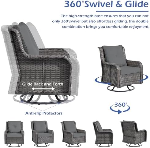 Wumiokio Patio Furniture Sets, 3 Pieces Wicker Outdoor Furniture - 360 Degree Swivel Rocking Chairs and Rattan Side Table for Garden,Porch,Backyard (Grey Wicker/Grey Cushion, 3PCS - Swivel Chairs)