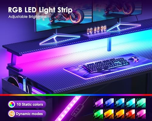 ODK 66 Inch L Shaped Gaming Desk with LED Lights, Power Outlets, Black