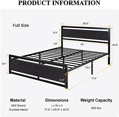 SHA CERLIN Heavy Duty Full Size Bed Frame with Modern Headboard, Black