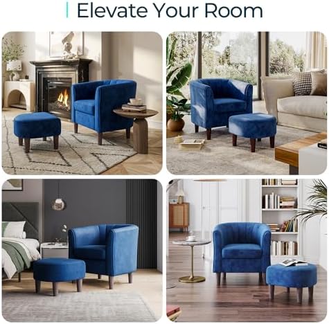 LINSY Accent Chair with Ottoman, Modern Barrel Chair Small Armchair Reading Chair with Footrest, Comfy Round Arms Chair for Living Room Bedroom Reading Room, Velvet, Blue