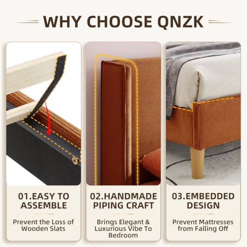King Corduroy Upholstered Platform Bed with Headboard Wingback, Ocher