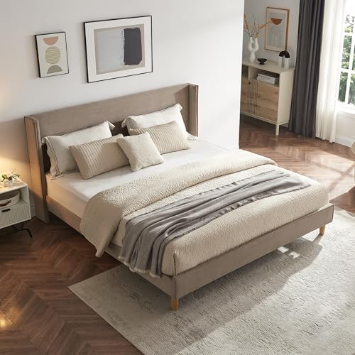 King Corduroy Upholstered Platform Bed with Headboard Wingback, Mink
