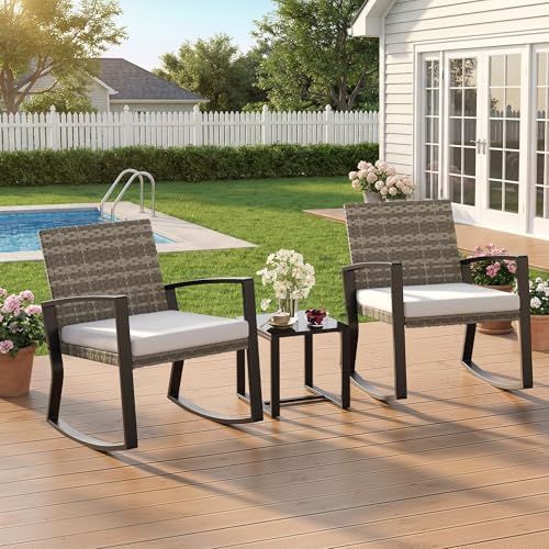 Qsun 3 Pieces Outdoor Patio Furniture Set Rocking Bistro Set, Outdoor Patio Furniture Set with Coffee Table for Garden Balcony Backyard Poolside (Light Grey Cushion)
