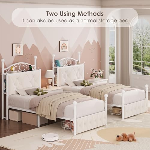 Keyluv Twin Upholstered Canopy Bed Frame with Drawer & Crystal Tufted Storage Headboard Metal Platform Bed with Charging Station & 4 Removable Posts No Box Spring Needed Curtain Not Included, Beige