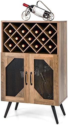 GIANTEX Farmhouse Wine Bar Cabinet with 11 Bottle Rack, Brown & Black