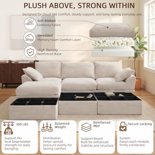 Upgraded Boneless Couch with Storage, Sectional Couches for Living Room, L-Shaped Modular Cloud Corduroy Sofa with Ottoman & Pillows, Oversized Deep Seat Memory Foam Couch, No Assembly, 107" L(Beige)