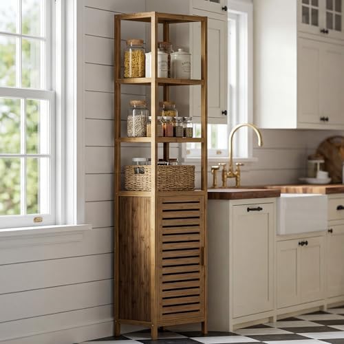 HITNET Bathroom Cabinet, Bamboo Floor Cabinet Freestanding Narrow Storage Unit with Removable Shelves, 6 Tier Tall Cabinet, Walnut