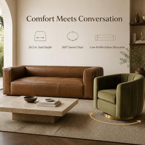 2-Piece Living Room Set, Genuine Leather Sofa + Swivel Chair