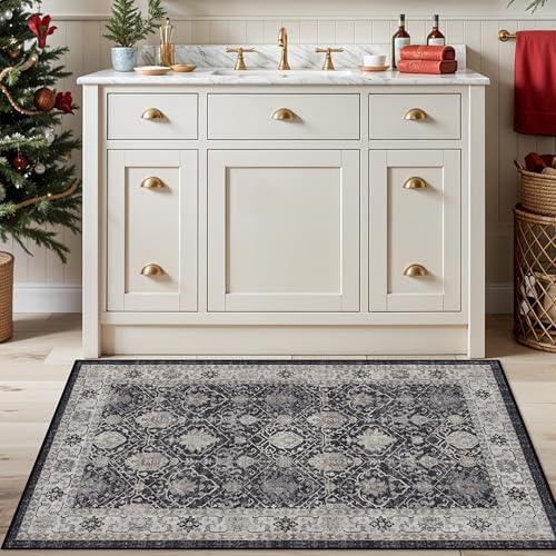 Washable 3x4 Entryway Area Rugs: Ultra Soft Low Pile Carpet for Kitchen Nursery Indoor Light-Weight Doormat Anti-Slip Thin Entry Rug for Living Room Bedroom Small Vintage Floor Mat(3x4,Black)