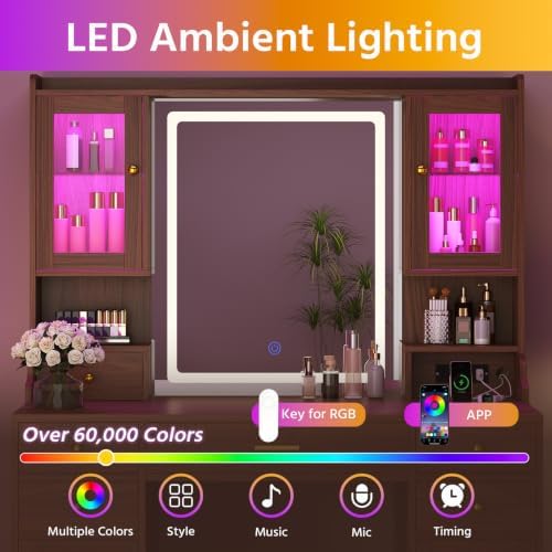 Vanity Desk with LED Mirror and Lights, Makeup Vanity with RGB Cabinets | Vanity Table with Charging Station and 6 Storage Drawers, Adjustable 3 Mode Mirror Lights, Bedroom Dressing Table for Women