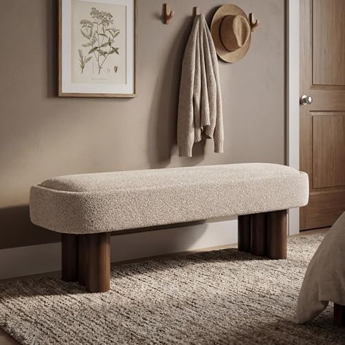 Christopher Knight Home Damas 60.04" Fabric Upholstered Dining Bench, Wooden Entryway Bench, Long Sofa Footstool for Living Room, Bedroom End of Bed Bench, Khaki+Walnut