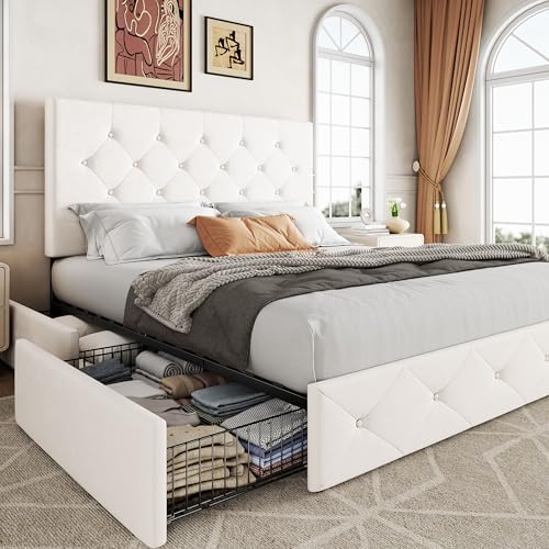 Allewie Full Size Storage Bed Frame with 4 Underbed Drawers, Upholstered Platform Bed with Adjustable Headboard, Diamond Button Tufted, Easy Assembly, Noise-Free, No Box Spring Needed, Soft White
