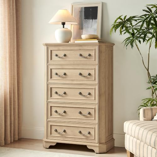 T4TREAM Farmhouse 5 Drawers Dresser for Bedroom, 48" Tall Wood Rustic Chest of Drawers with Natural Texture, Vintage Design, Storage Dressers Organizer for Bedroom, Living Room, Hallway, Natural Oak