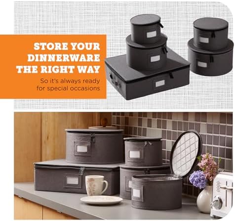 storageLAB 5-Piece China Storage Set | Plates & Mugs | Woven Linen | Gray