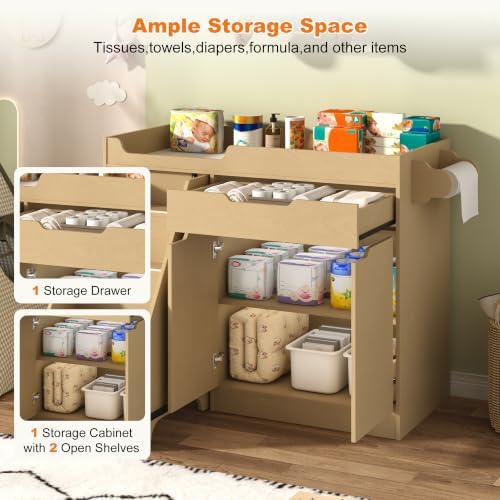 St.Mandyu Baby Changing Table with Drawers & Storage, Diaper Changing Station with Stairs, Toddler Wooden Changing Table with Paper Roller for Daycare & Home, Oak