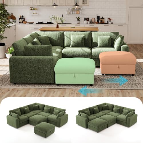 Ihanherry Oversized Cloud Sectional Couches for Living Room, Modular Sectional Sofa with Wide Deep Seat, Coner Couch with Throw Pillow and Storage Ottoman, Green