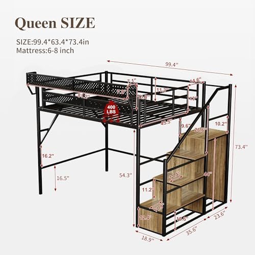 Queen Size Metal Loft Bed with Reversible Stairs and LED & USB Port