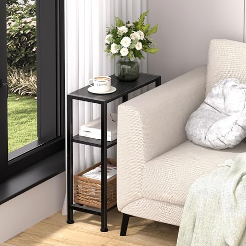 Narrow Side Table Set of 2 for Small Space, 2-Tier Small End Table with Shelf Holder, Slim Nightstand, Skinny Snack Couch Table in Living Room, Bedroom, Study, Kitchen and Balcony (Black)