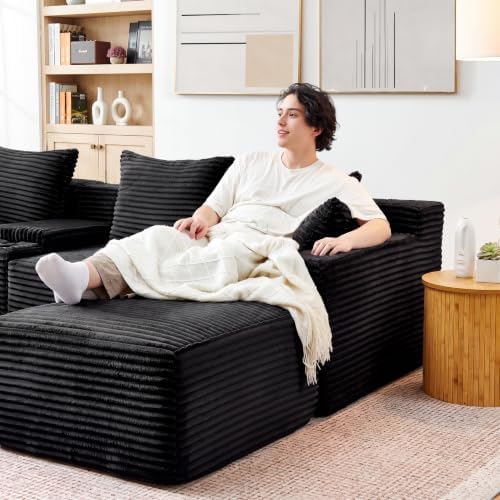 106-Inch Oversized L-Shaped Corner Cloud Couch Modular Cloud Sectional Couch W/Console & Ottoman, Compression Boneless Corner Sofa Plush Corduroy Sectional Sofa for Living Room
