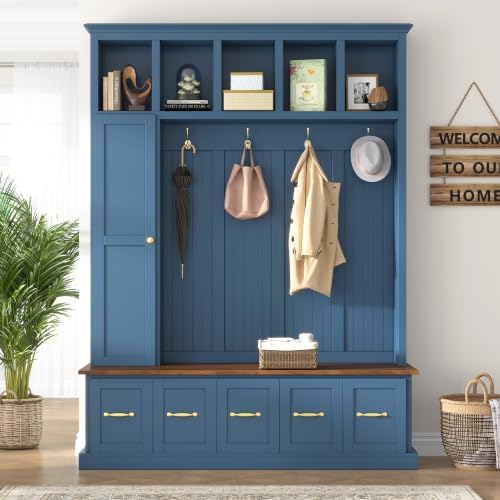 RuiSiSi Entryway Storage Organizer with Top Cabinet, Hooks and Shoe Bench, Navy Blue