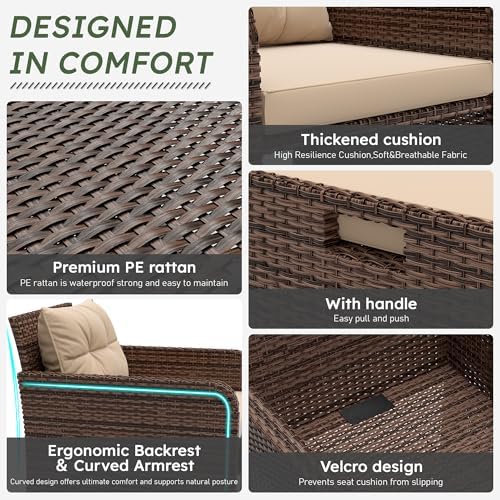 LHBcraft 5 Piece Patio Furniture Set, PE Wicker Outdoor Furniture Set with Soft Cushions & Coffee Table, Outdoor Lounge Chairs with Ottoman for Porch, Lawn, Balcony, Coffee-Beige