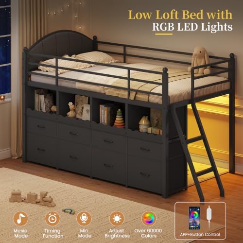 DICTAC Low Loft Bed Twin Size with 8 Drawers, 4 Bookcase & LED Lights,Black
