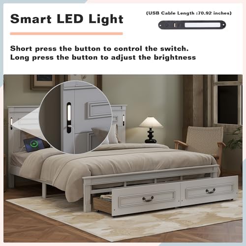 White King Size Bed Frame with 2 Storage Drawers & Tall-Panel Headboard and Footboard, Wood Platform Storage Bed Built-in LED Lights, USB Charging Station, No Box Spring Required, Noise-Free