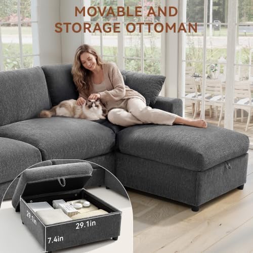 Ihanherry Oversized Cloud Sectional Couches for Living Room, Modular Sectional Sofa with Wide Deep Seat, Coner Couch with Throw Pillow and Storage Ottoman, Dark Grey