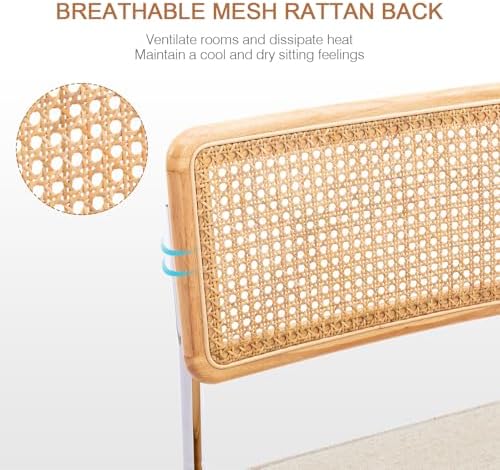 Zesthouse Natural Rattan Dining Chairs Set of 2, Mid Century Modern Dining Chairs with Solid Wood Back & Chrome Base, for Kitchen Living Room, Breuer Design Inspired, Upholstered Linen Fabric, Beige