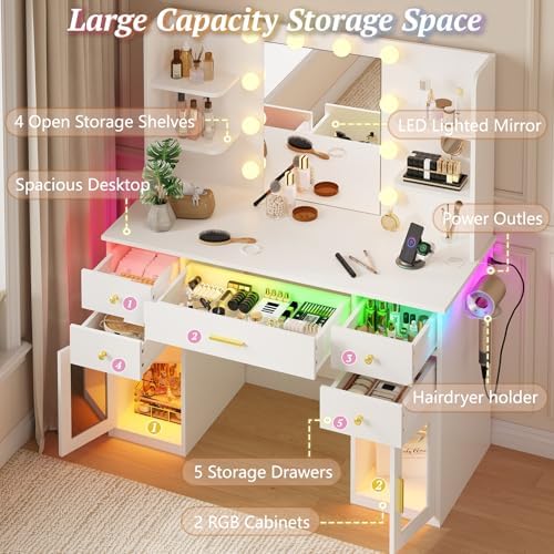 White Vanity Desk with Mirror and Lights & Charging Station, RGB Cabinets | Makeup Vanity with 5 Drawers & 4 Open Storage Shelves, Large Dressing Table with Hairdryer Holder for Women