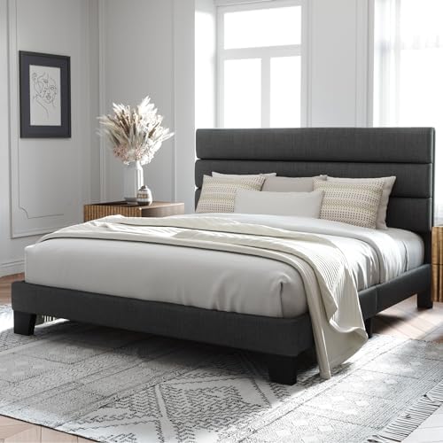 Allewie King Size Platform Bed Frame with Fabric Upholstered Headboard Gray
