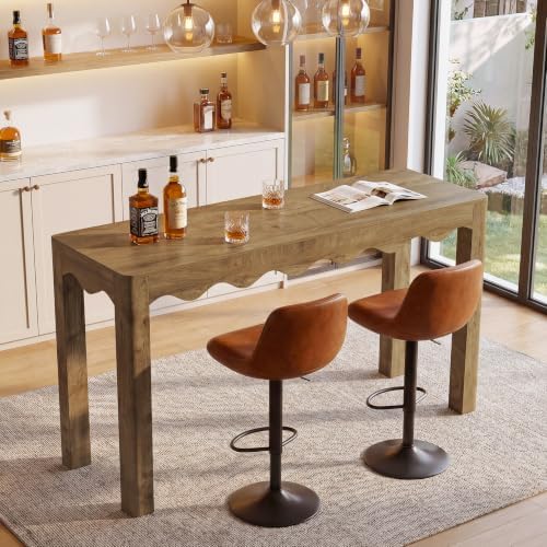 Tribesigns 59" Bar Table, Farmhouse Counter Height Pub Table, Rectangle High Top Dining Table with Wavy Apron, Home Bar Units for Bistro, Kitchen, Balcony,Dining Room, Living Room (Rustic Brown)