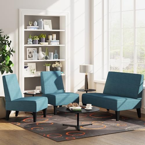 Armless Accent Chairs Set of 2, Blue Upholstered Linen Slipper Chair with Solid Wood Legs, Mid Century Modern Side Chairs for Small Living Room Bedroom Apartment Reading Nook