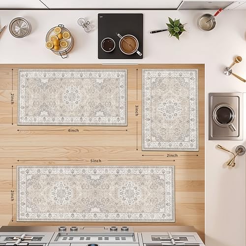 4 Pieces Kitchen Rug Set: Washable Water Resisitant Carpet for Sink Stove Area Soft Floor Mats with Non-Slip Backing for Bathroom Low-Pile Runners for Family with Elderly Dogs(2x3+2x4+2x5+2x6,Beige)