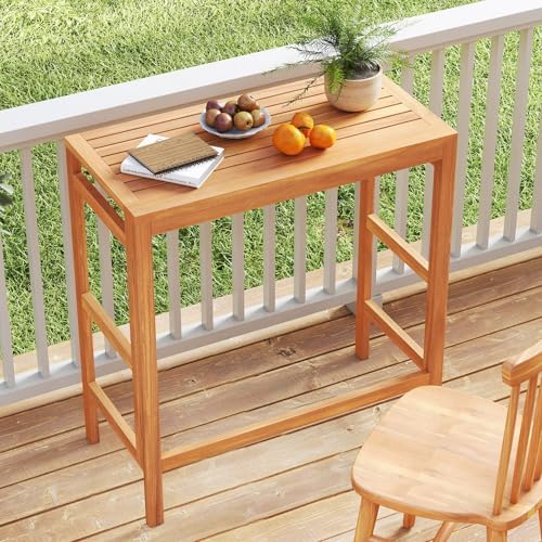 Tangkula Acacia Wood Outdoor Folding Bar Table, Patio Rectangle Counter Height Pub Table with Slatted Tabletop, for Balcony, Backyard Garden and Poolside