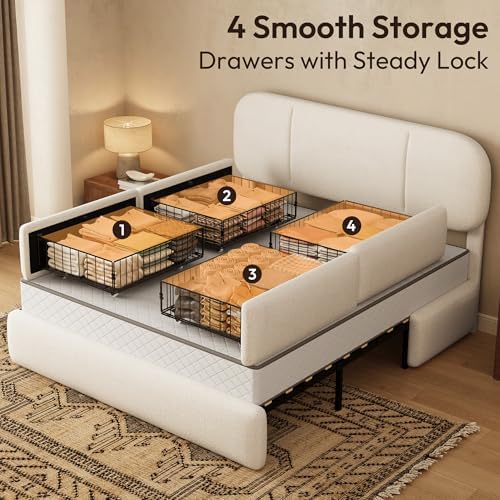 Full Size Cloud Bed Frame with LED & 4 Drawers, Beige