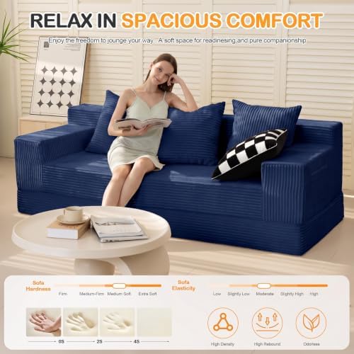 Erament 3 Seater Boneless Couch Sofa Bed, 78'' Corduroy Oversized Loveseat Folding Sofas Bed, Compression Convertible Futon Floor Couch Sofa Beds with 3 Pillows for Living Room Bedroom Apartment