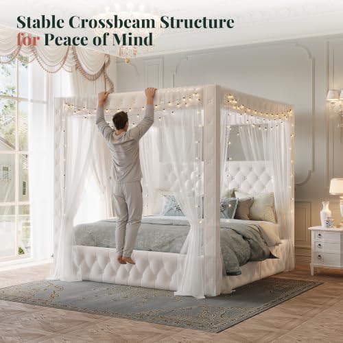 Jocisland King Canopy Bed Frame Velvet Upholstered Headboard, Cream