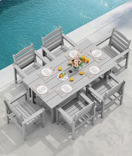 SERWALL 7 Pcs Outdoor Dining Set, 67" HDPE Dining Set for 6, Light Gray