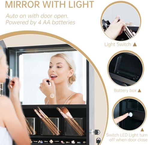 Arched Rotating Jewelry Cabinet with LED Lighted Full Length Mirror & Built-in LED Vanity Mirror, Lockable Standing Jewelry Armoire, Large Storage Organizer for Jewelry (Black)
