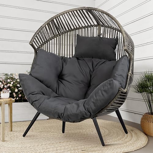 Shintenchi Wicker Egg Chair Outdoor Rattan Patio Chair with Cushion, Oversized Patio Lounge Chairs Egg Basket Chair, Egg Seat for Indoor Living Room Bedroom Outside, Deep Grey