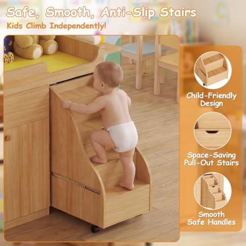 Changing Table with Stairs, Montessori Diaper Station for Daycare & Home (Right Stairs)