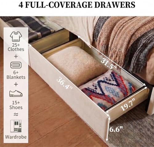 Queen Bed Frame with Storage Drawers, Corduroy Bed with Headboard, Cream