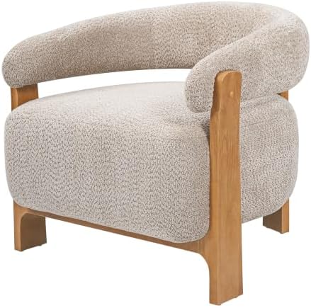 Merax 28.7'' Mid-Century Modern Boucle Accent Chair with Solid Wood Frame, Curved Arm Barrel Chair Upholstered Boucle Fabric Lounge Chair for Living Room, Bedroom & Office, Light Taupe + Natural