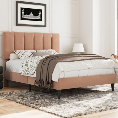 VECELO Queen Size Bed Frame with Upholstered Headboard, Coffee