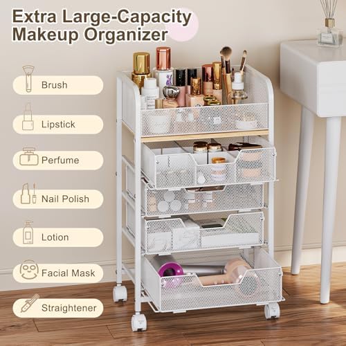 Hongtamoya Makeup Cart Organizer with 4 Drawers, Rolling Makeup Cart, White | Large Floor Skincare Vanity Organizers Cosmetics Display Cases Makeup Storage Cart for Skin Care Perfume Nail Polish